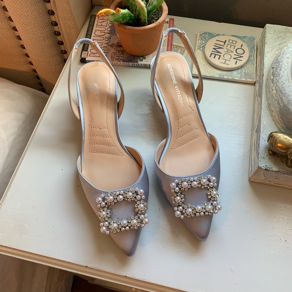 Adrienne Vittadini Silver Satin Slingback Heels with Pearl Buckle